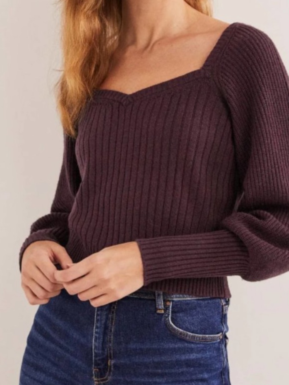 Boden Sweater Women 10 Purple Puff Sleave Sweetheart Wool Blend Cropped Ribbed